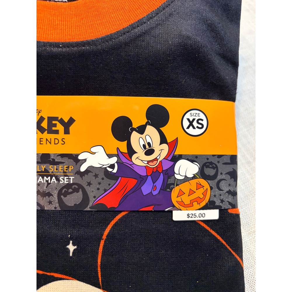 Disney Mickey Mouse Halloween Pajamas Set XS Black Orange Skeleton Vampire New